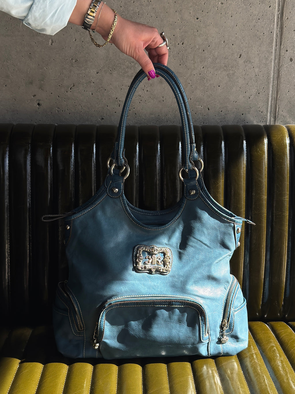 Kathy Van Zeeland Dusty Blue Faux Leather Bag