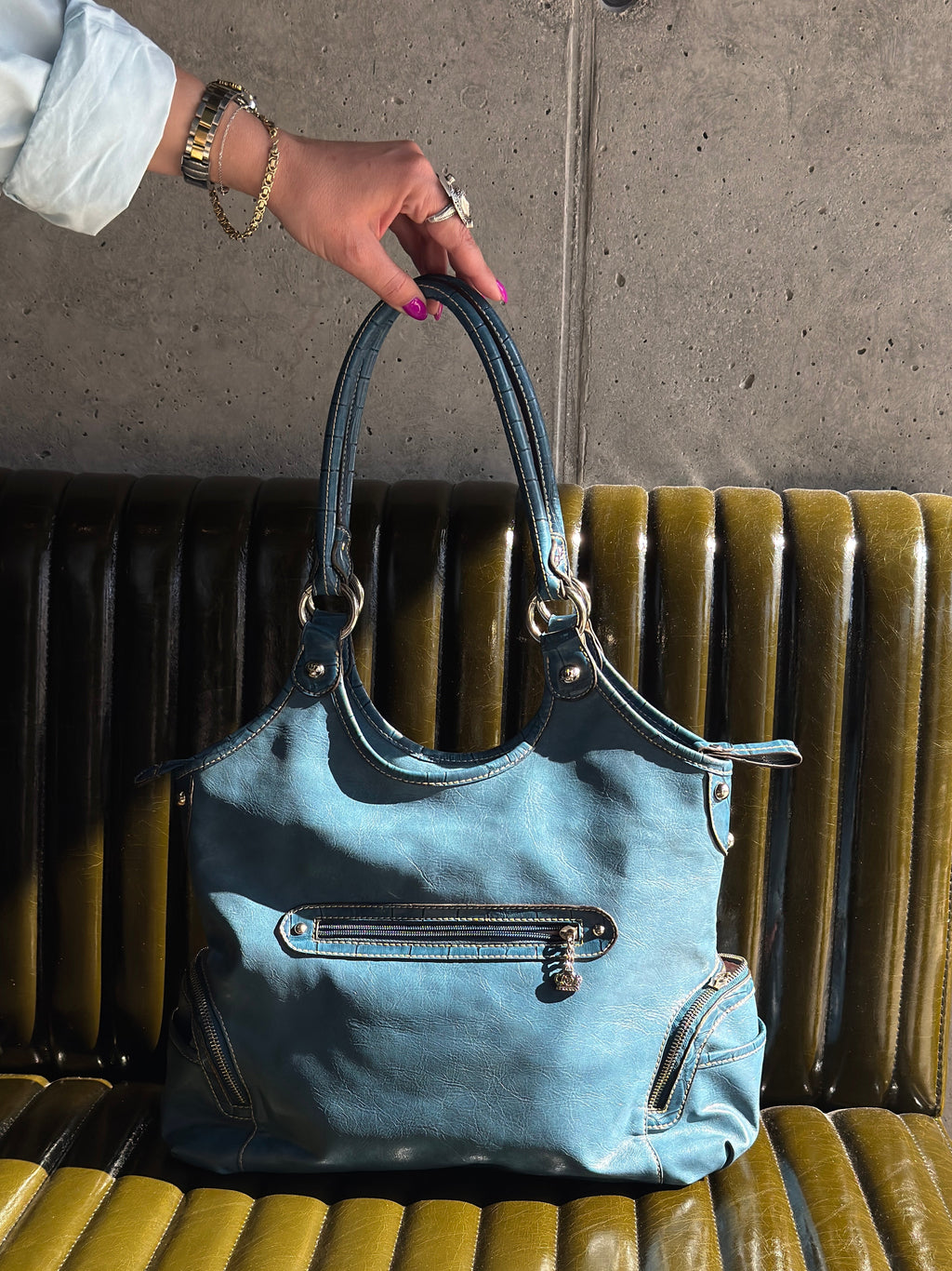 Kathy Van Zeeland Dusty Blue Faux Leather Bag
