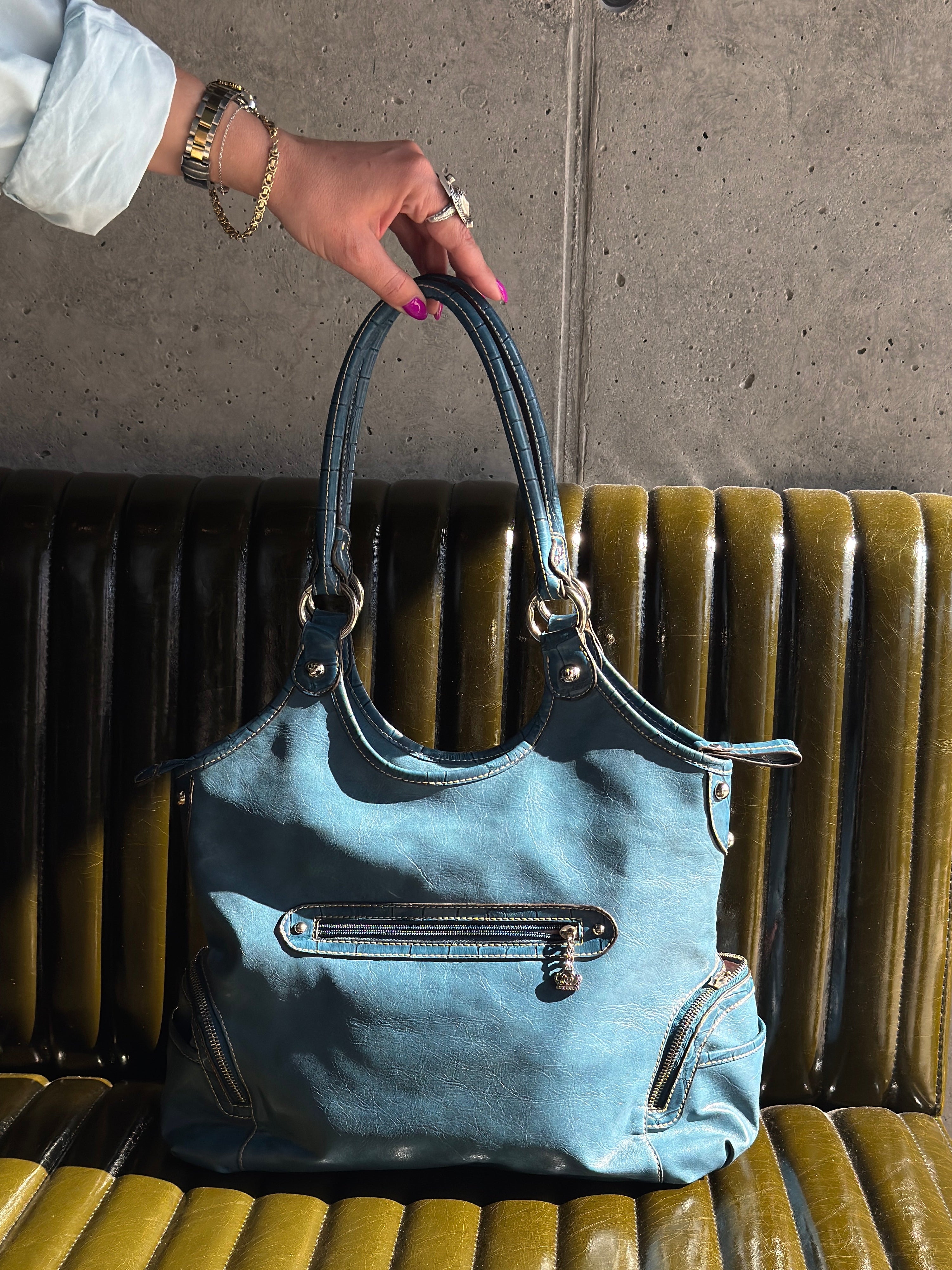 Kathy Van Zeeland Dusty Blue Faux Leather Bag