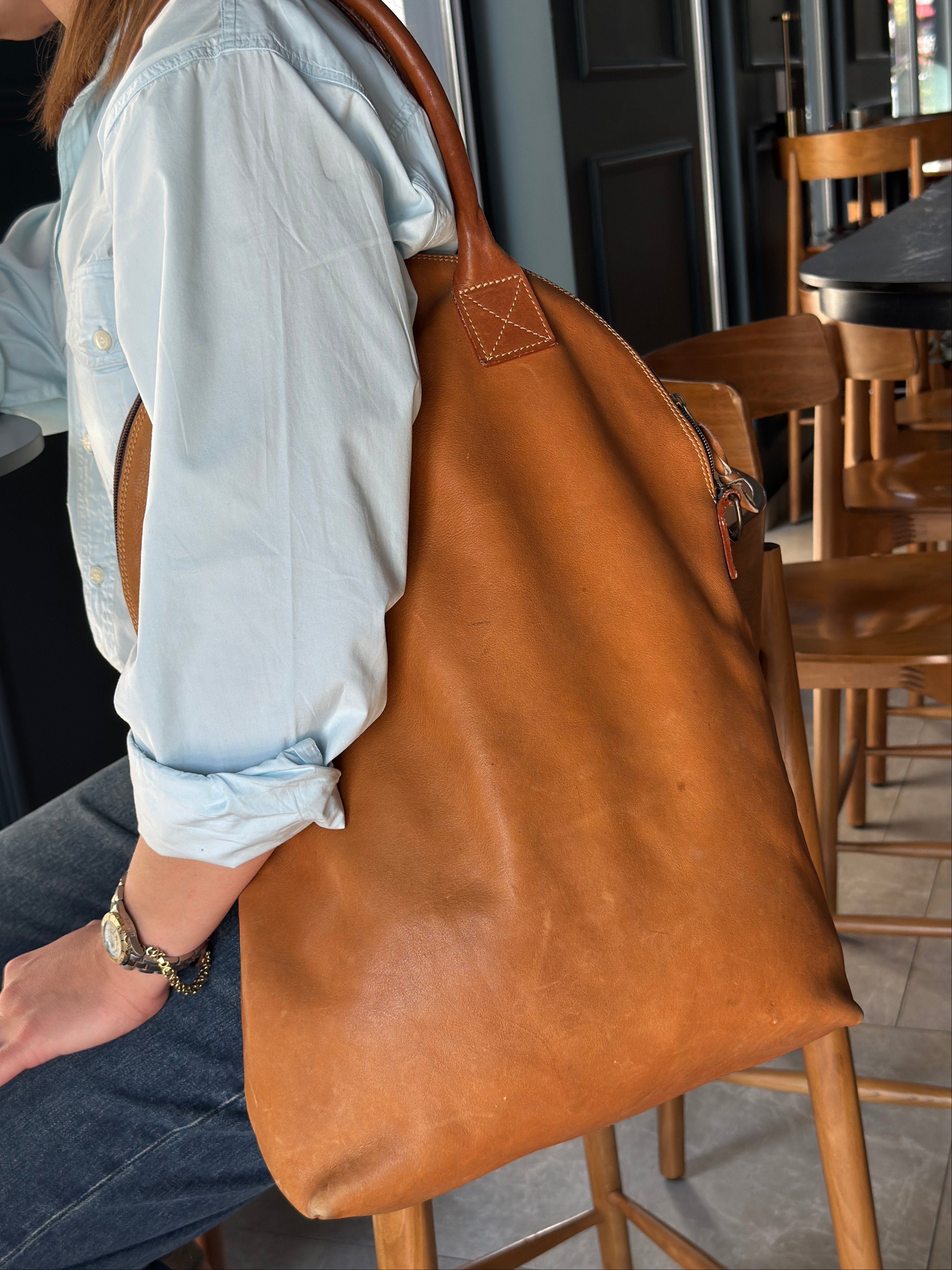 Camel Brown Leather Bucket Bag