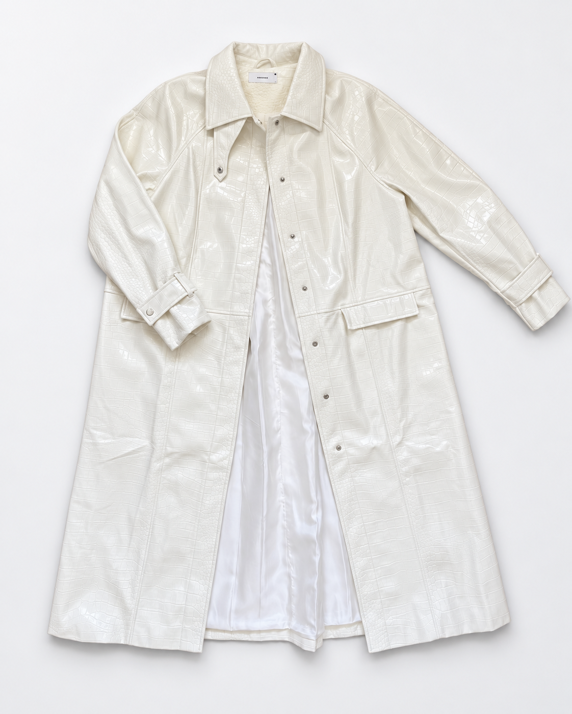 Glossy Ivory Croc-Embossed Rain Coat